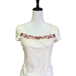 Floral Embroidered Scoop Neck Top Cream Short Sleeve Size S